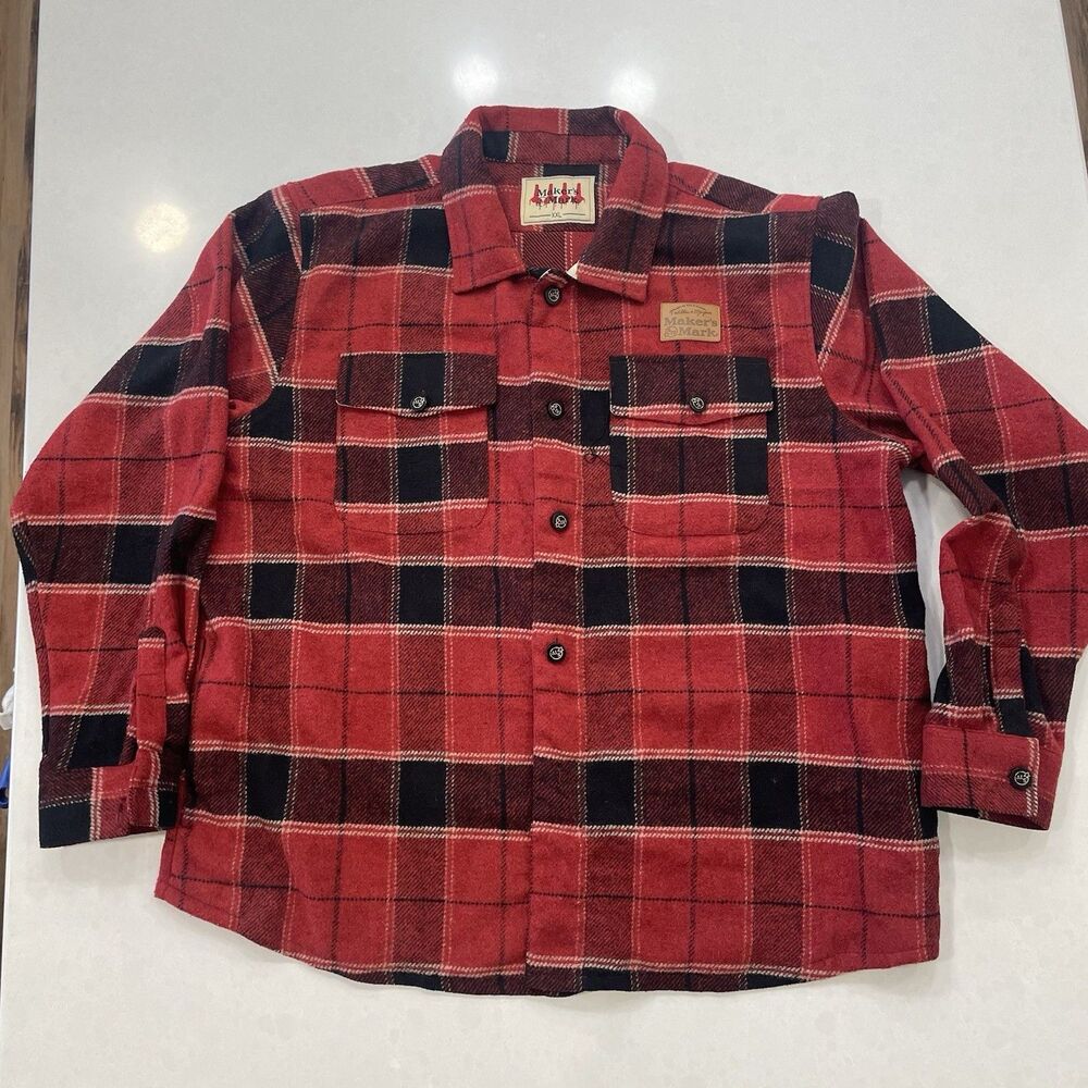Maker's Mark Whiskey Men's Red and Black Plaid Jacket, XXL Custom Buttons, Logo